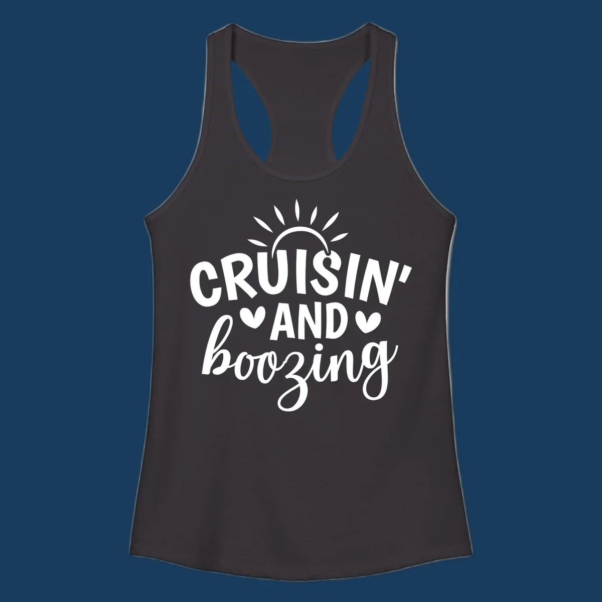 Cruisin and Boozing text with sun and hearts graphic