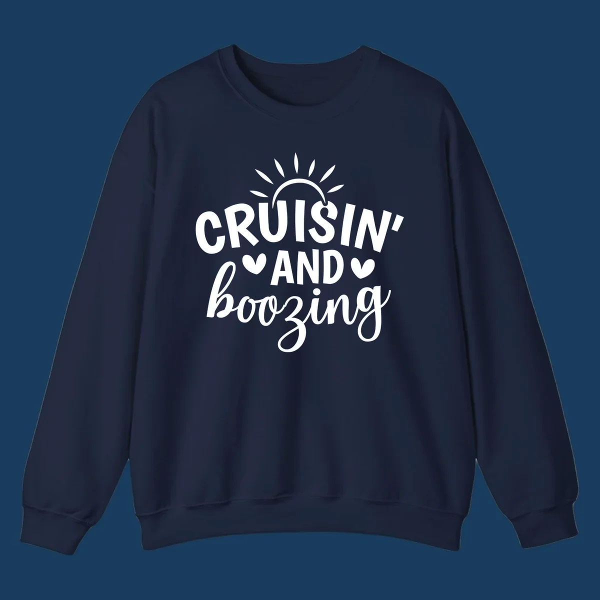 Cruisin and Boozing text with sun and hearts graphic