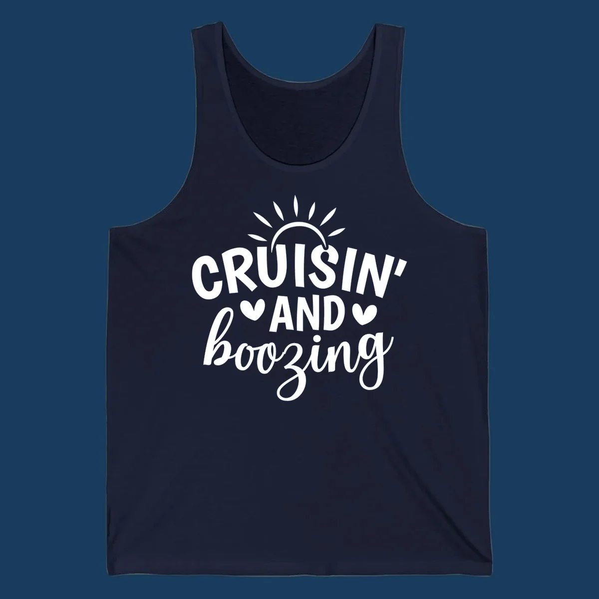 Cruisin and Boozing text with sun and hearts graphic