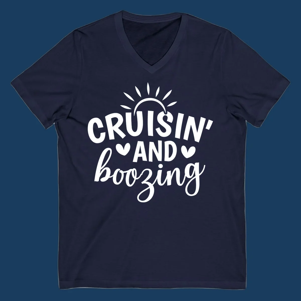 Cruisin and Boozing text with sun and hearts graphic