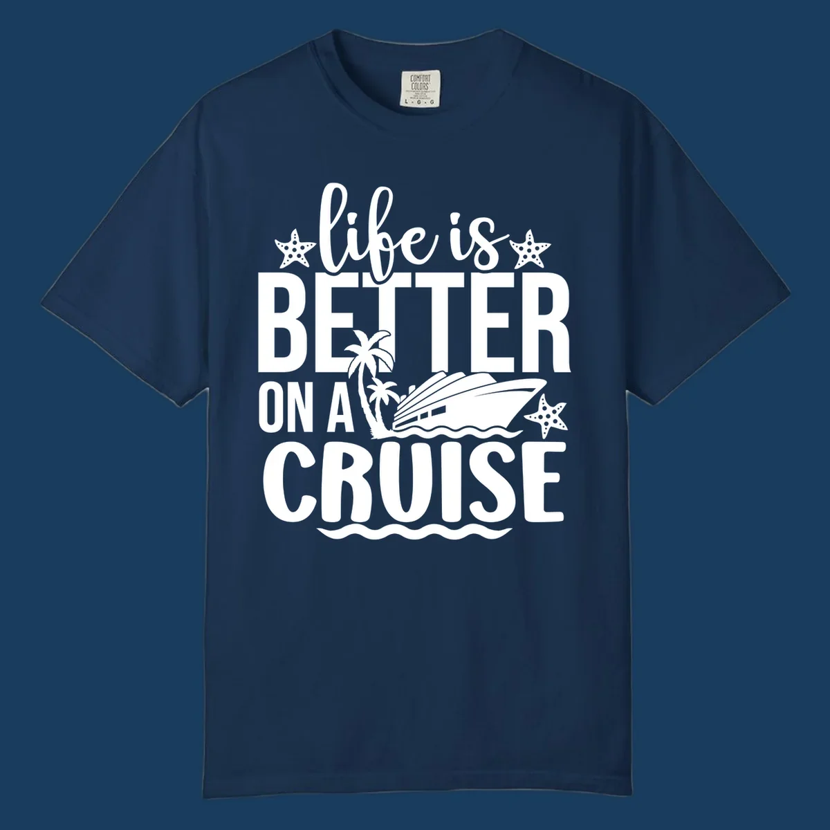 Life is better on a cruise text with starfish, palm trees, and cruise ship illustration.