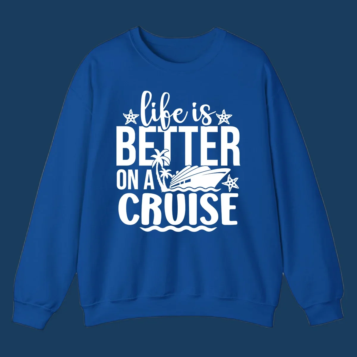 Life is better on a cruise text with starfish, palm trees, and cruise ship illustration.