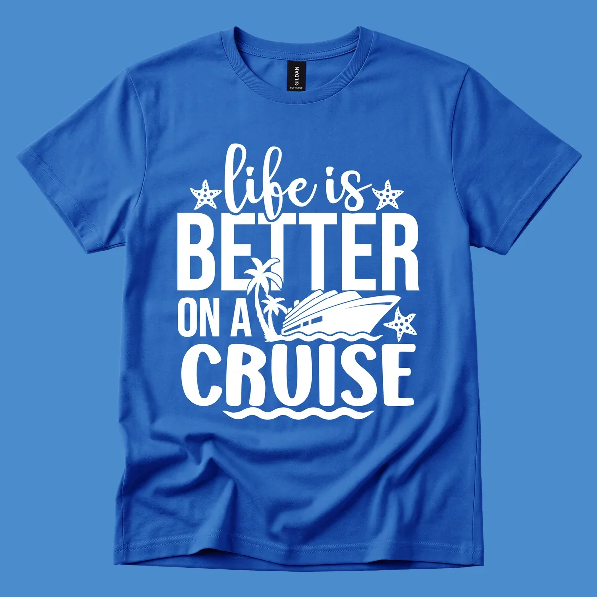 Life is better on a cruise text with starfish, palm trees, and cruise ship illustration.