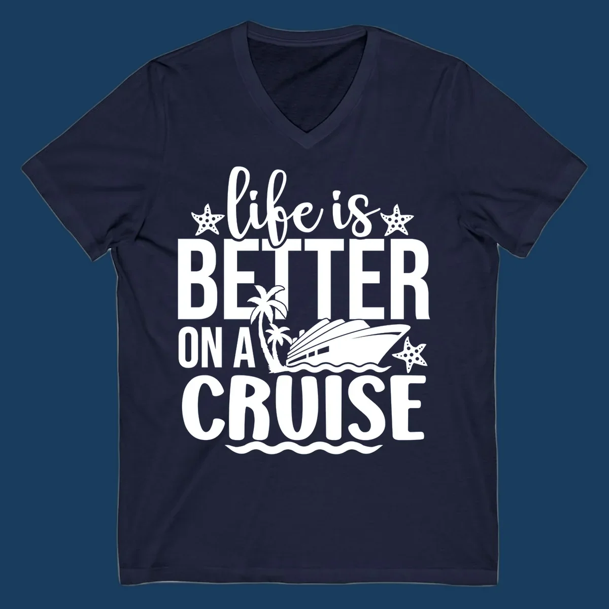 Life is better on a cruise text with starfish, palm trees, and cruise ship illustration.