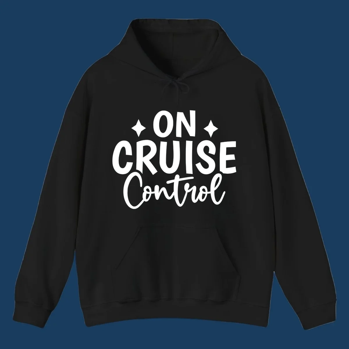 On Cruise Control phrase with starbursts, typography design