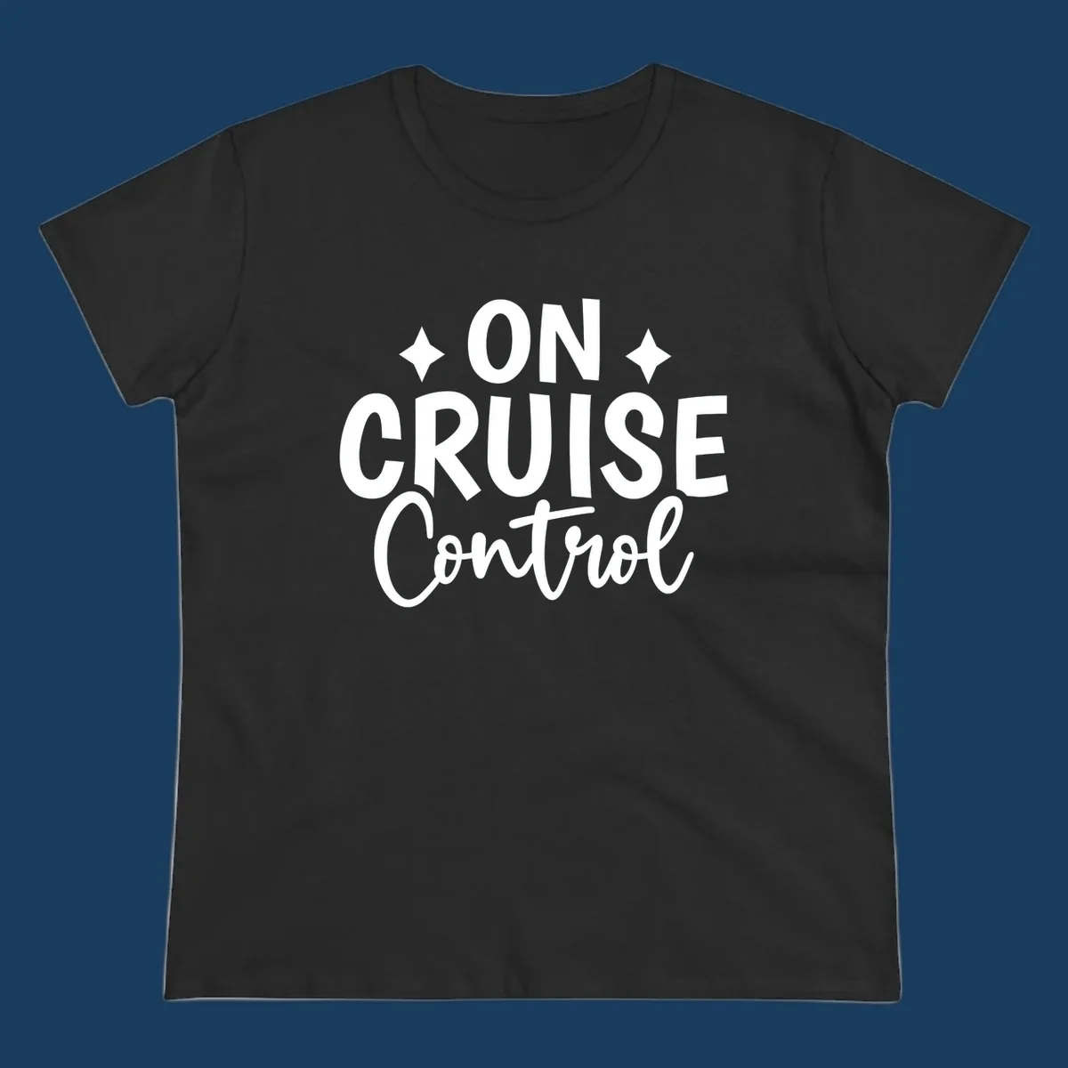 On Cruise Control phrase with starbursts, typography design