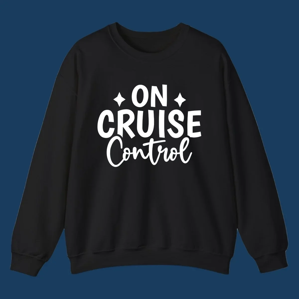 On Cruise Control phrase with starbursts, typography design