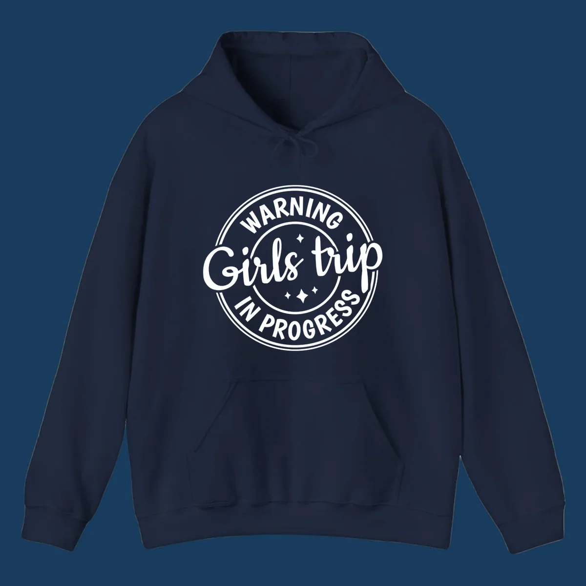 Girls trip in progress warning badge design with text and stars.