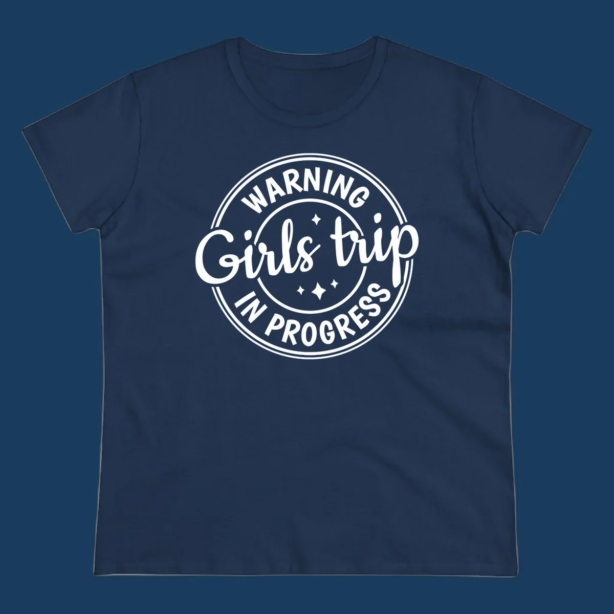 Girls trip in progress warning badge design with text and stars.
