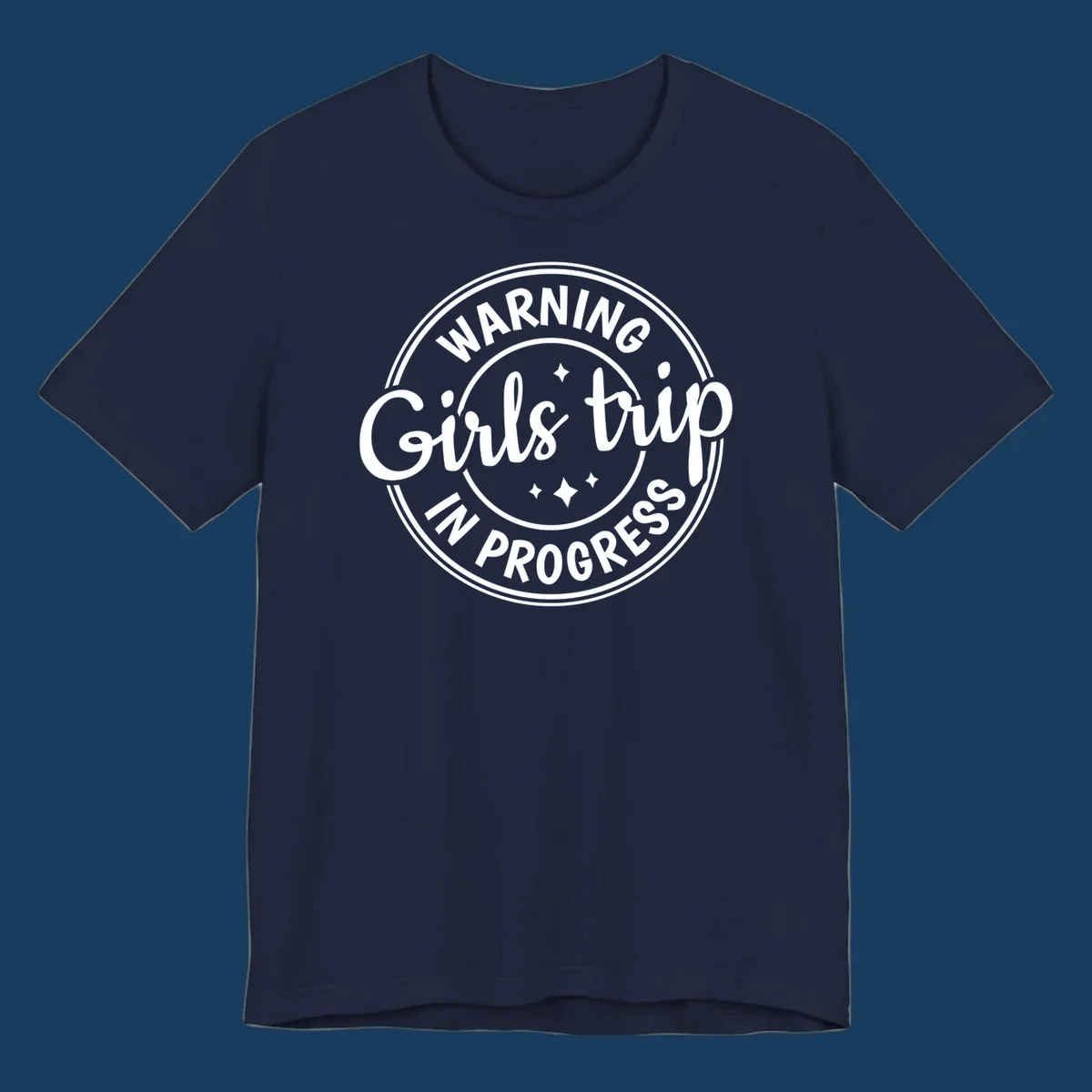 Girls trip in progress warning badge design with text and stars.