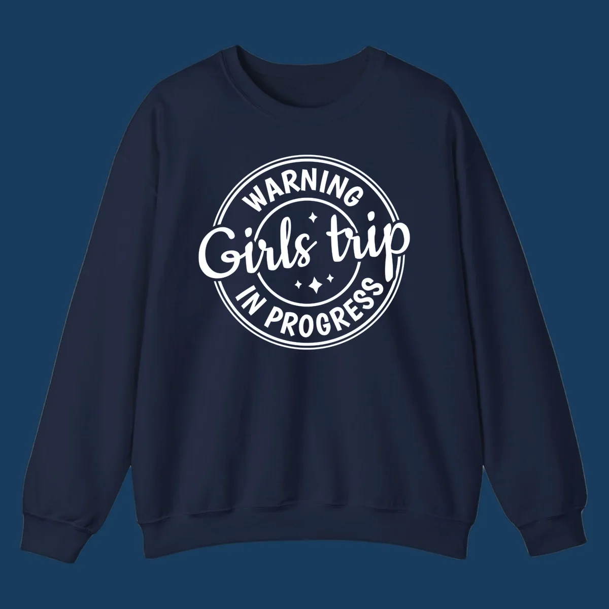 Girls trip in progress warning badge design with text and stars.