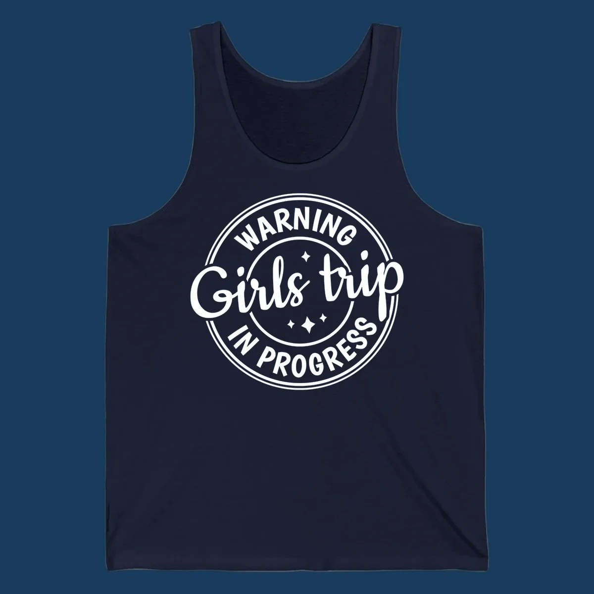 Girls trip in progress warning badge design with text and stars.
