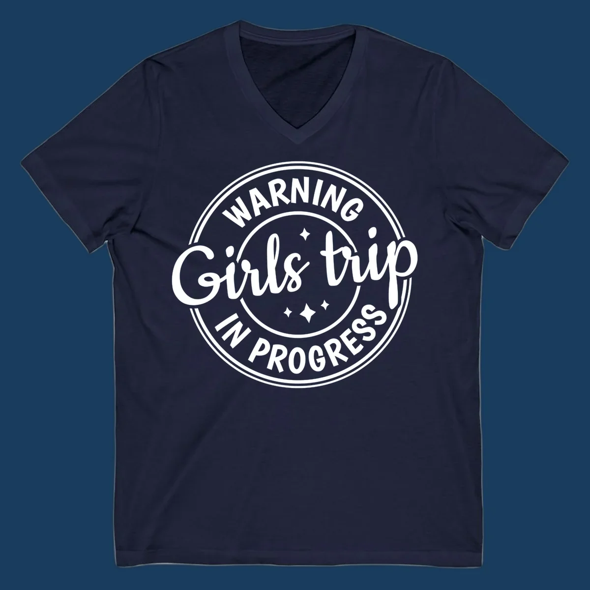 Girls trip in progress warning badge design with text and stars.