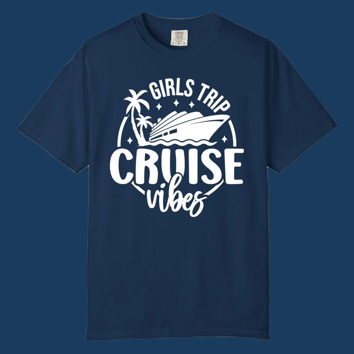 Girls trip cruise design with a ship, palm trees, and text.