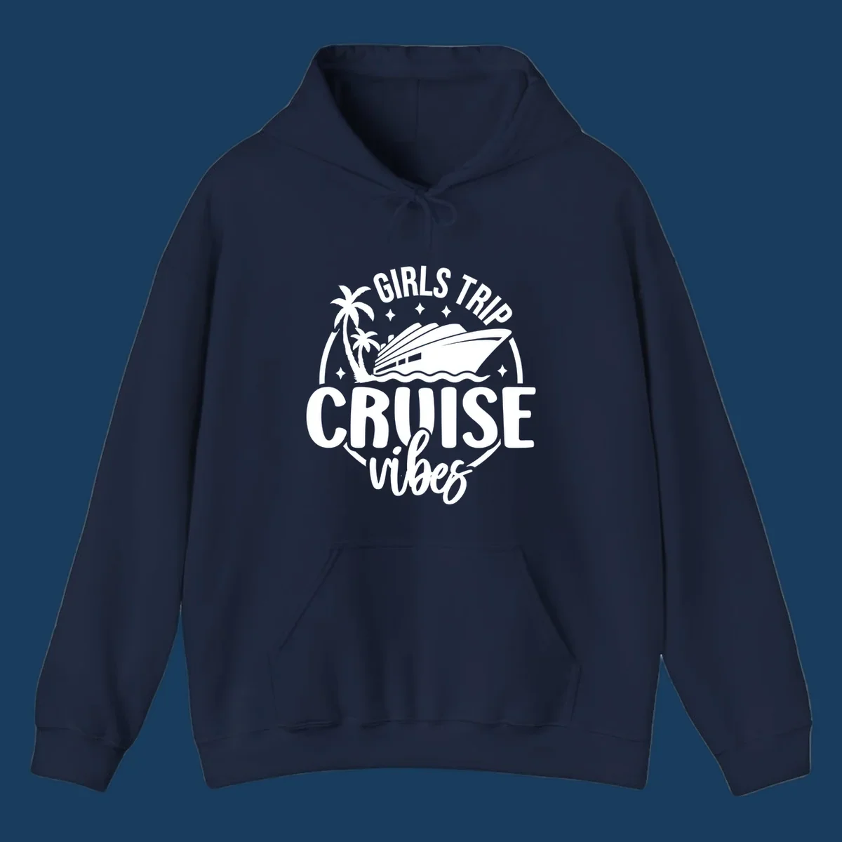Girls trip cruise design with a ship, palm trees, and text.