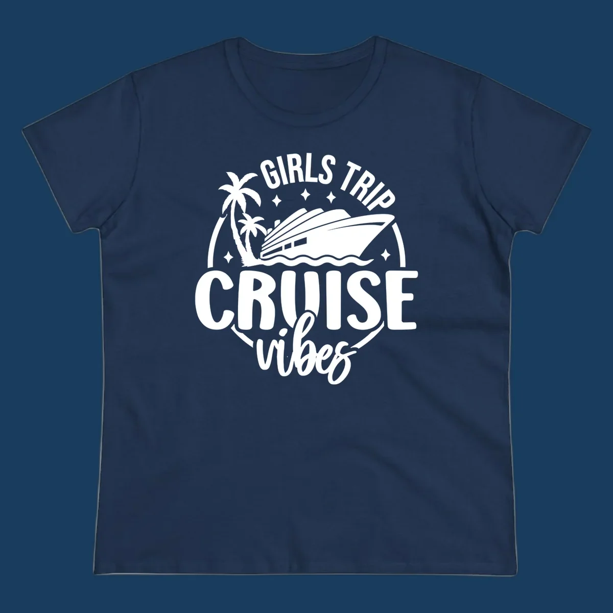 Girls trip cruise design with a ship, palm trees, and text.