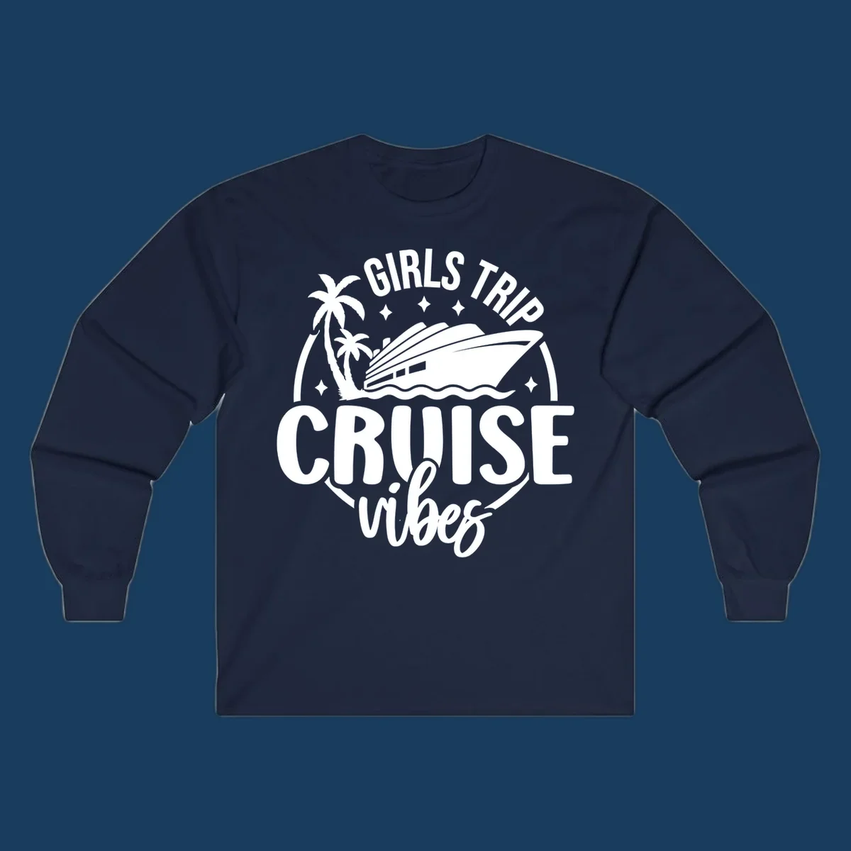 Girls trip cruise design with a ship, palm trees, and text.