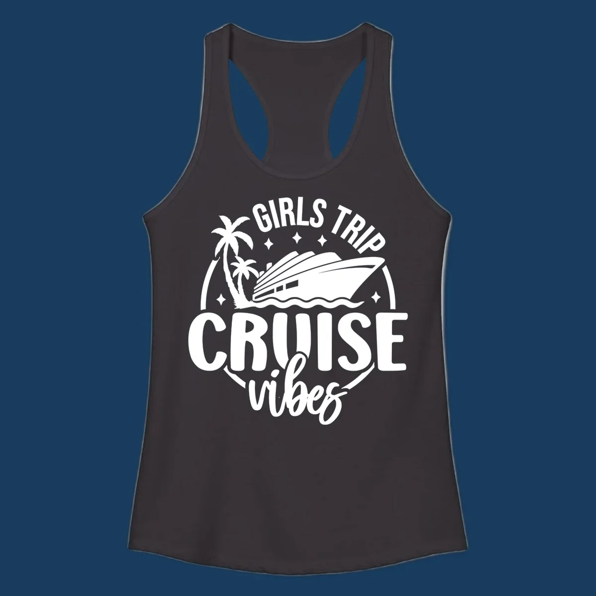 Girls trip cruise design with a ship, palm trees, and text.
