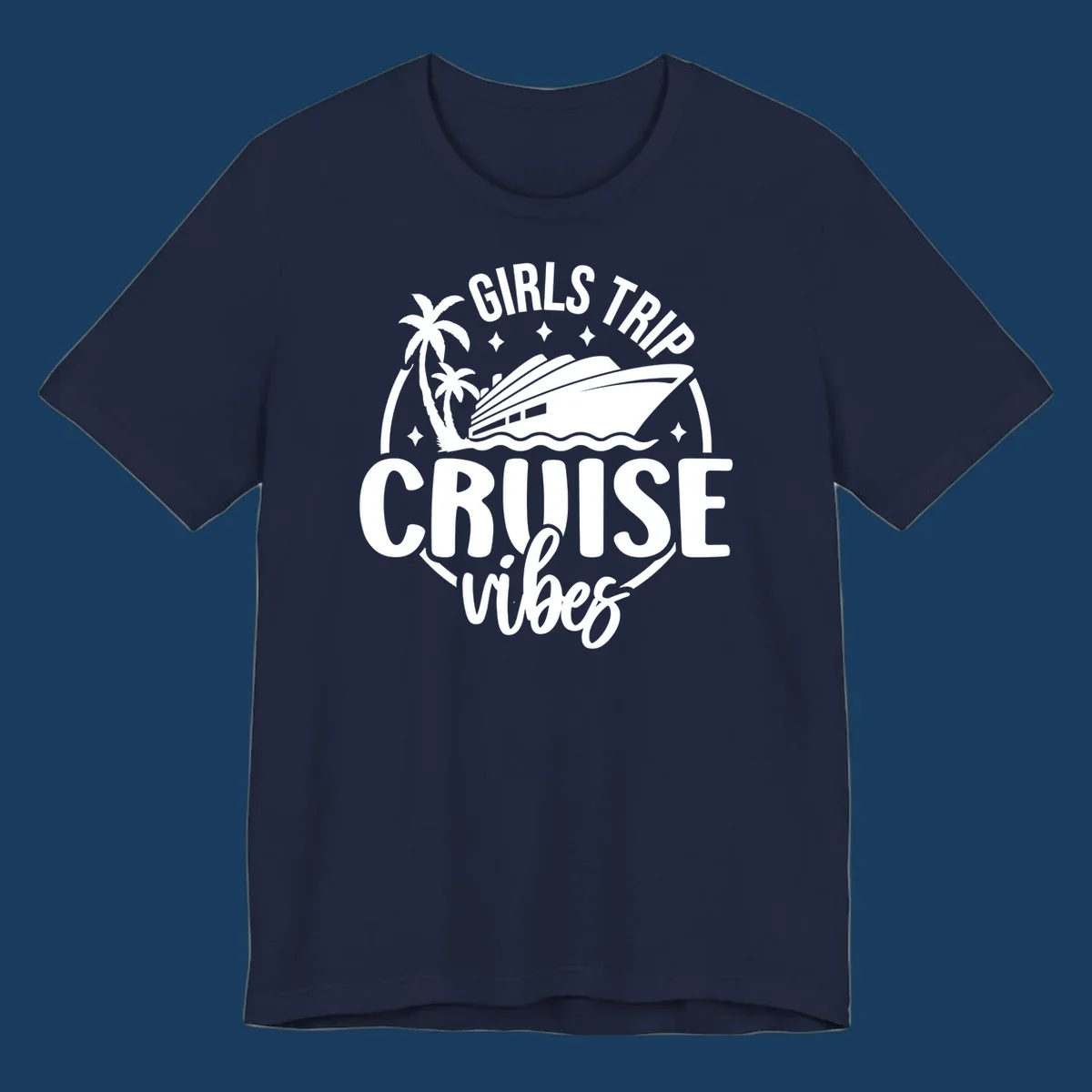 Girls trip cruise design with a ship, palm trees, and text.