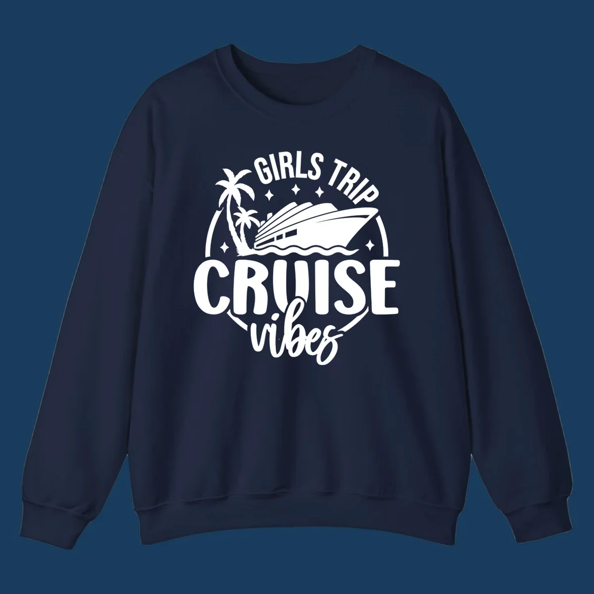 Girls trip cruise design with a ship, palm trees, and text.
