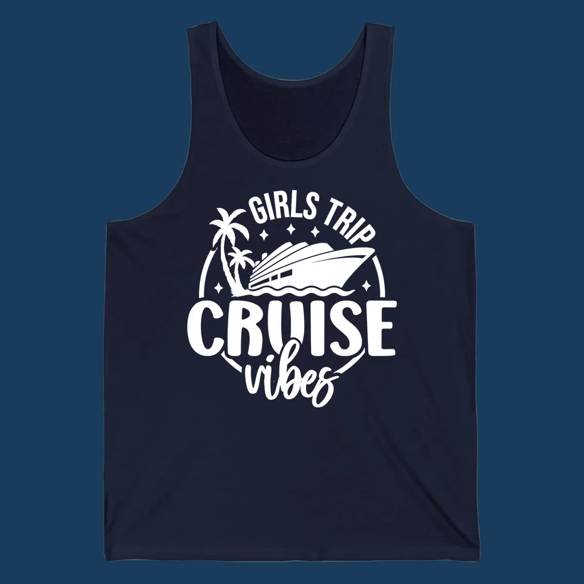 Girls trip cruise design with a ship, palm trees, and text.