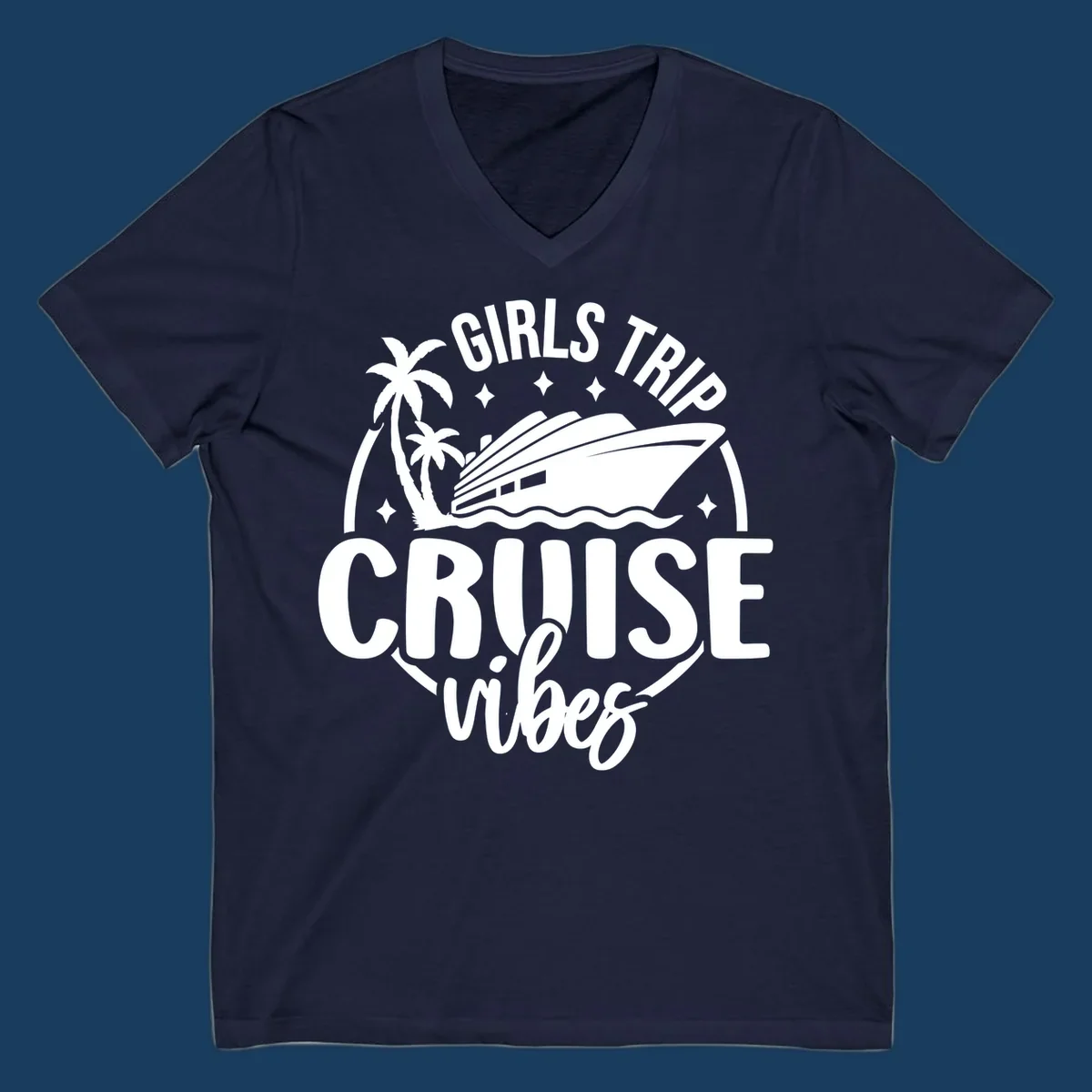 Girls trip cruise design with a ship, palm trees, and text.