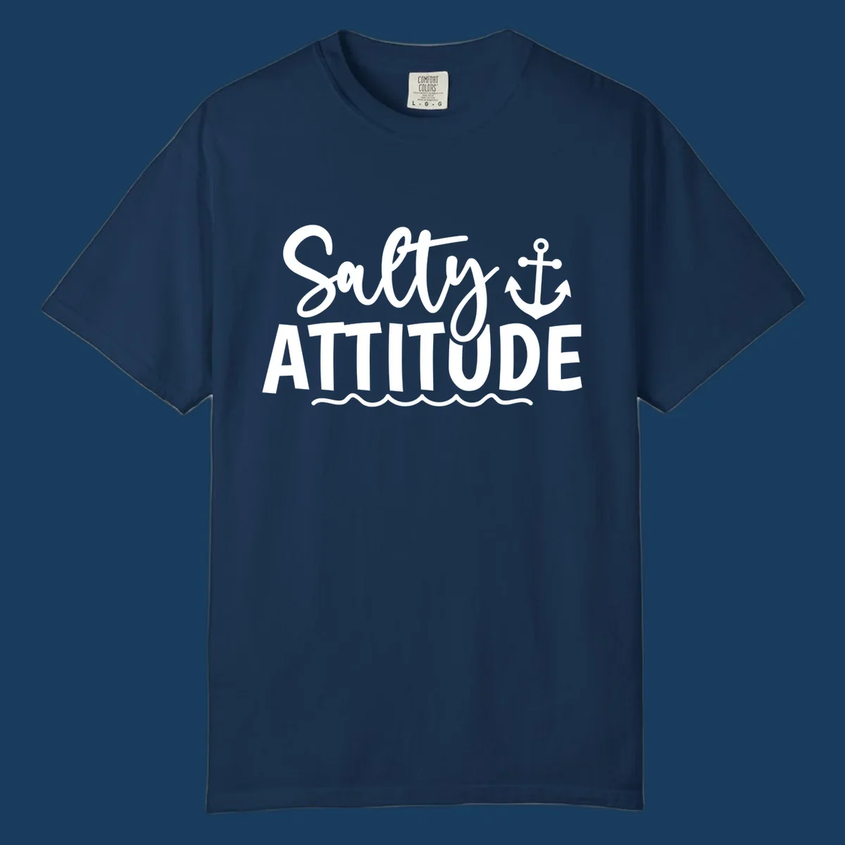 Salty Attitude text with anchor and waves, nautical theme.