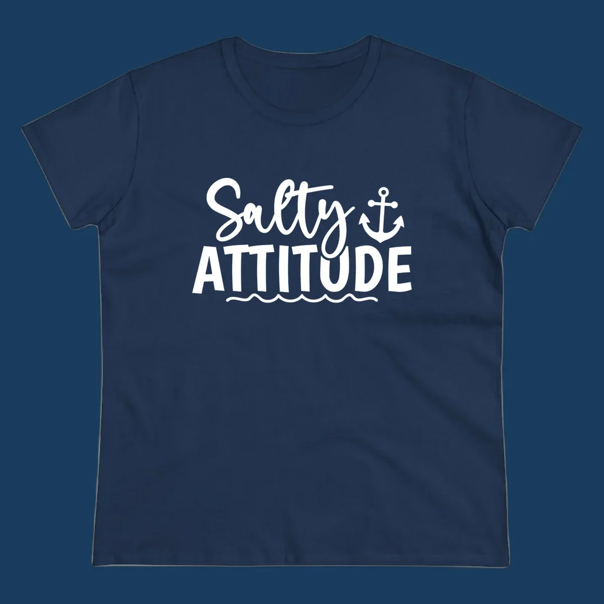 Salty Attitude text with anchor and waves, nautical theme.