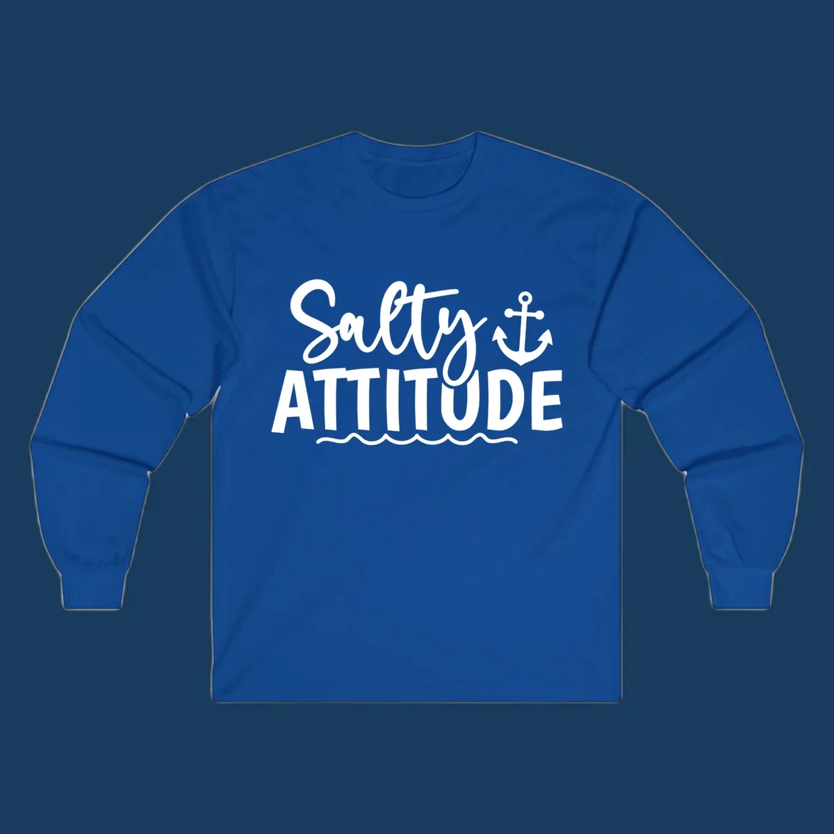 Salty Attitude text with anchor and waves, nautical theme.