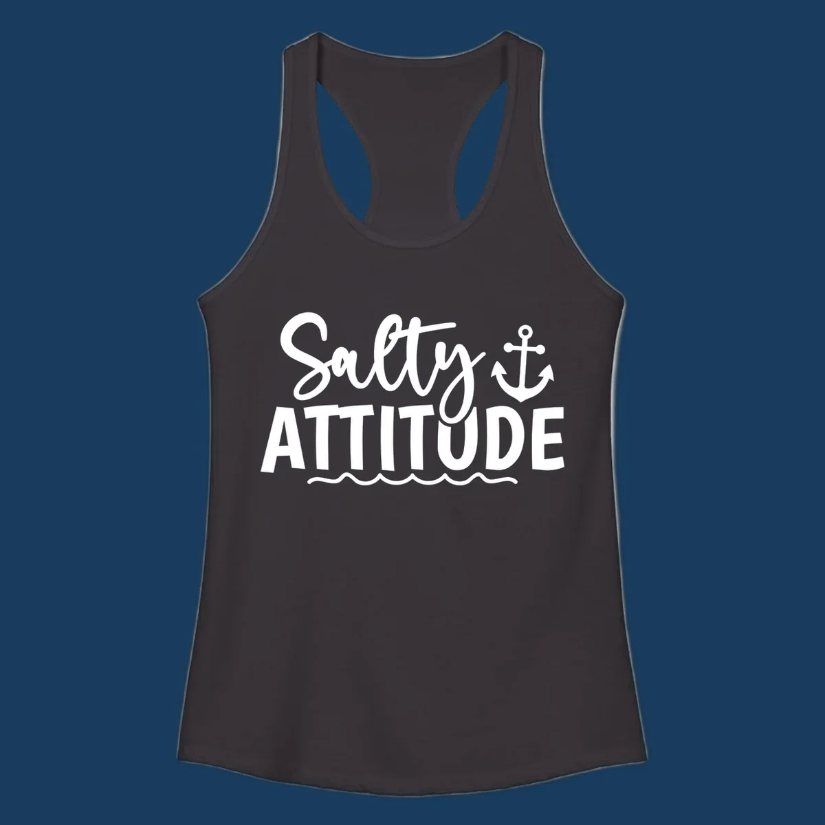 Salty Attitude text with anchor and waves, nautical theme.