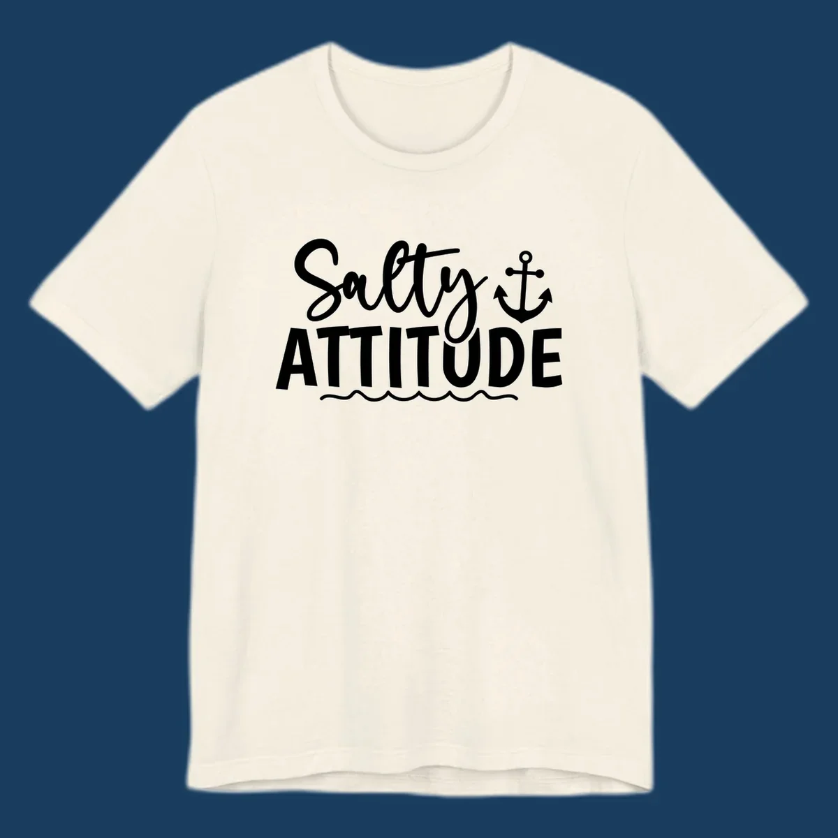 Salty Attitude text with anchor and waves, nautical theme.