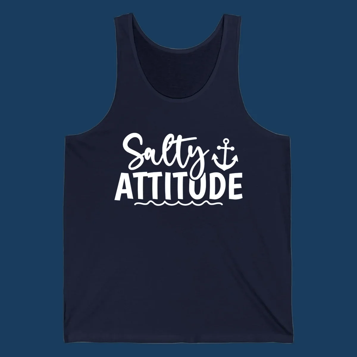 Salty Attitude text with anchor and waves, nautical theme.