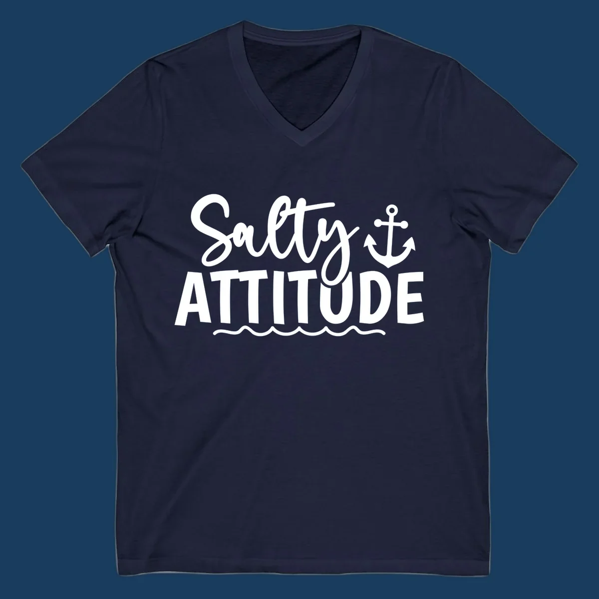 Salty Attitude text with anchor and waves, nautical theme.