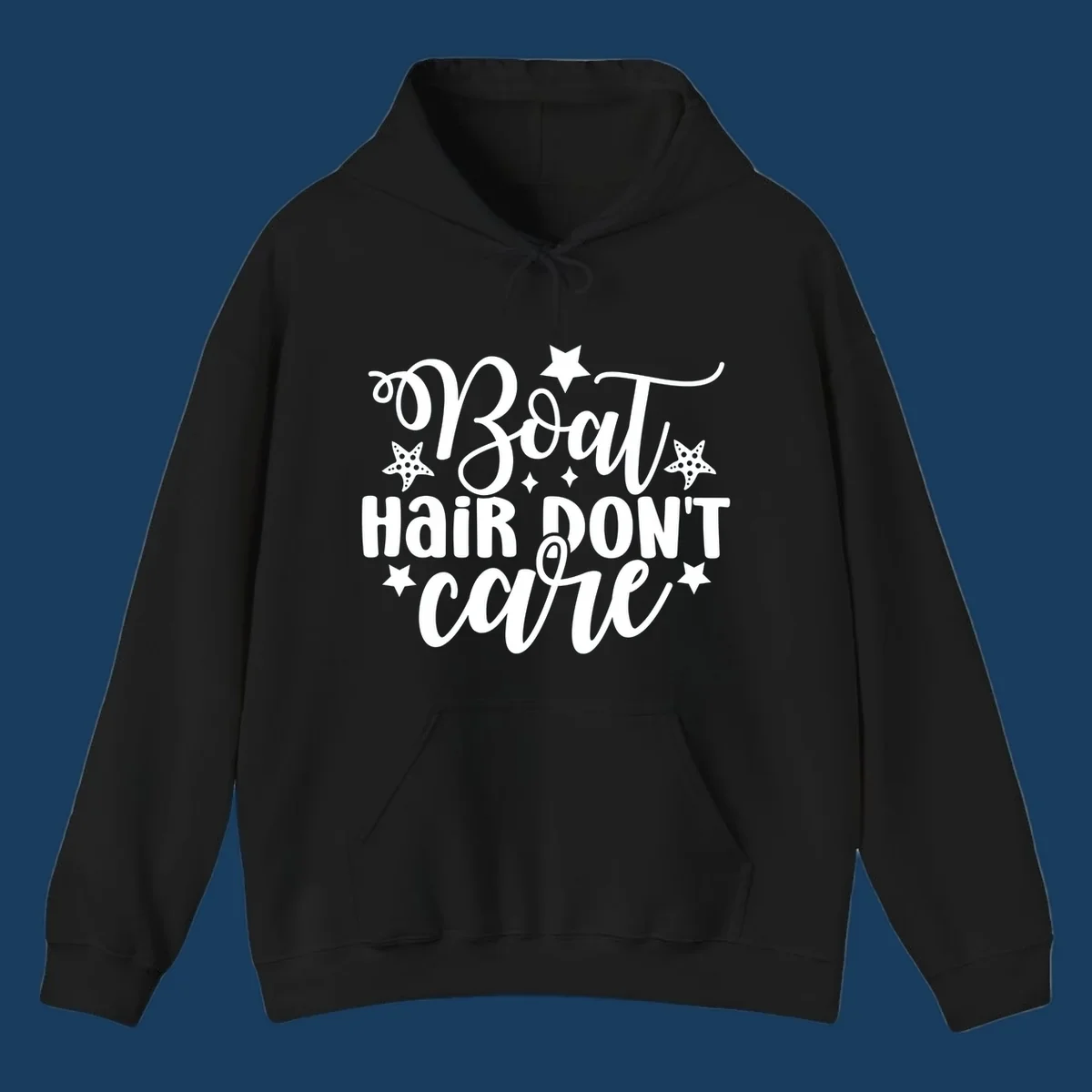 Boat Hair Don't Care text with starfish and stars, for a funny cruise theme.