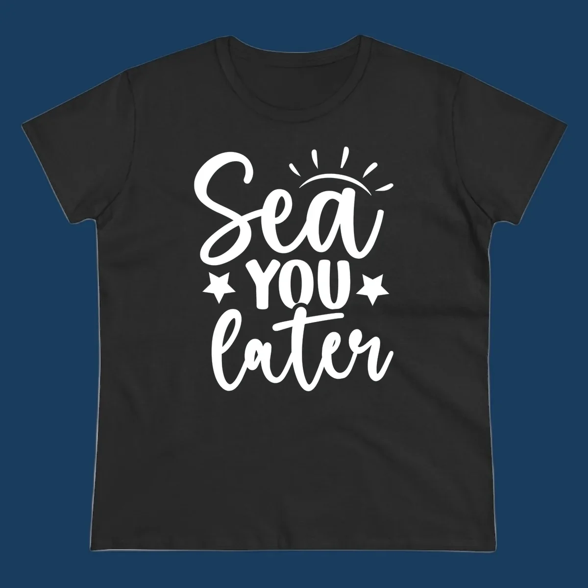 Sea You Later cruise pun design with sun rays and stars.