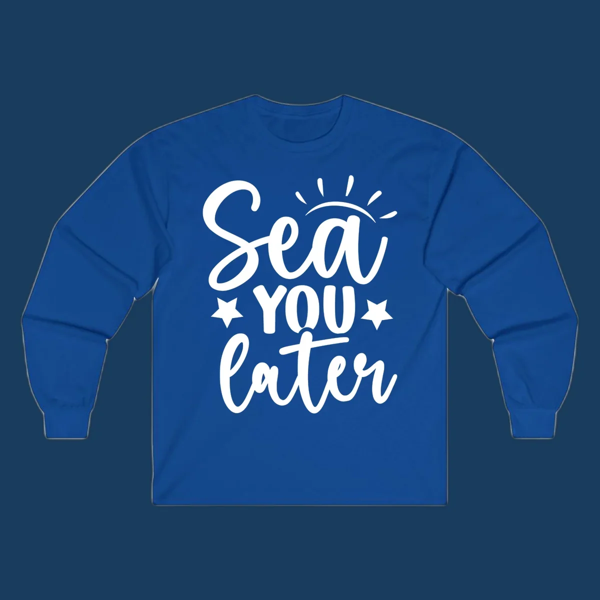 Sea You Later cruise pun design with sun rays and stars.