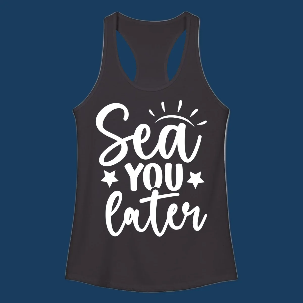Sea You Later cruise pun design with sun rays and stars.