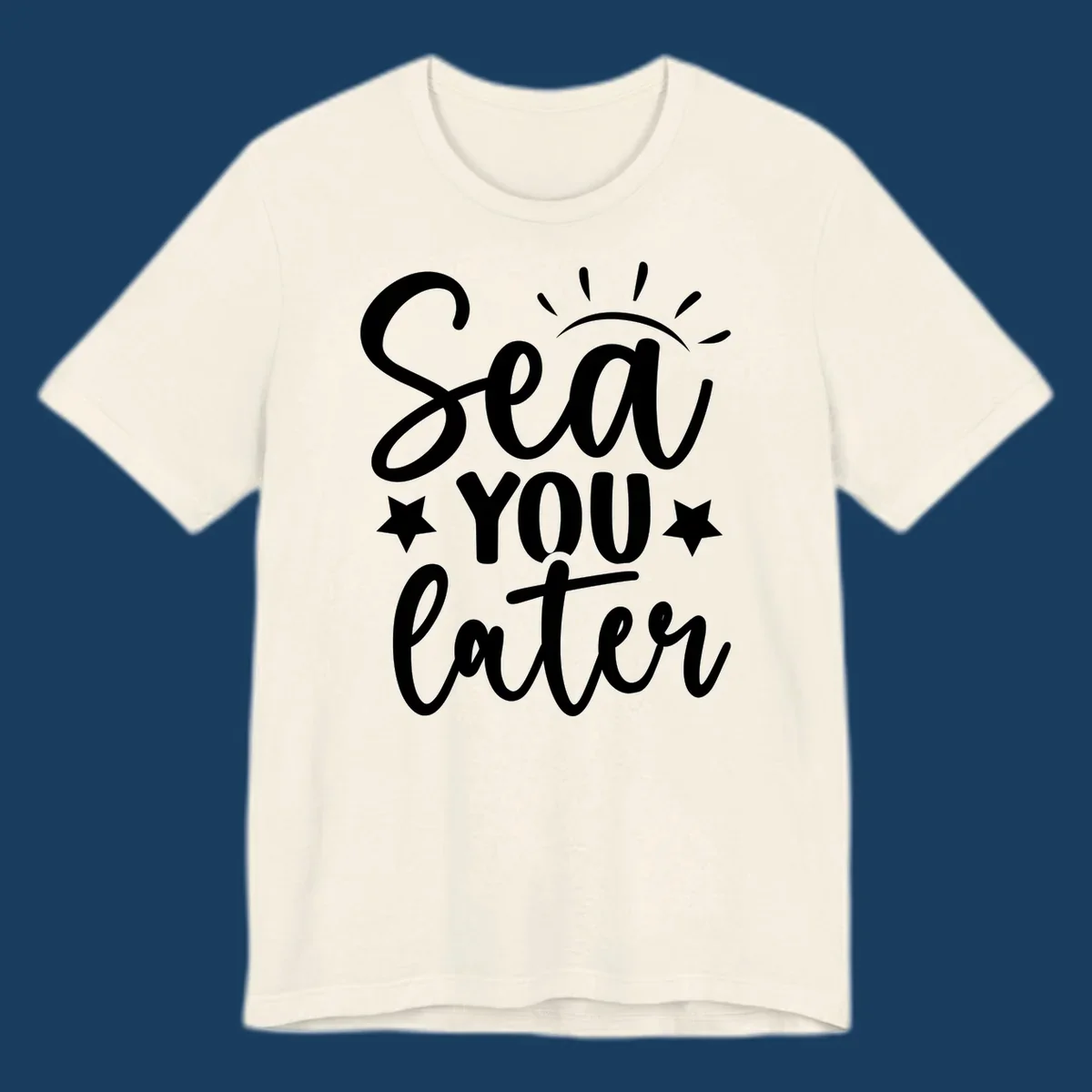 Sea You Later cruise pun design with sun rays and stars.