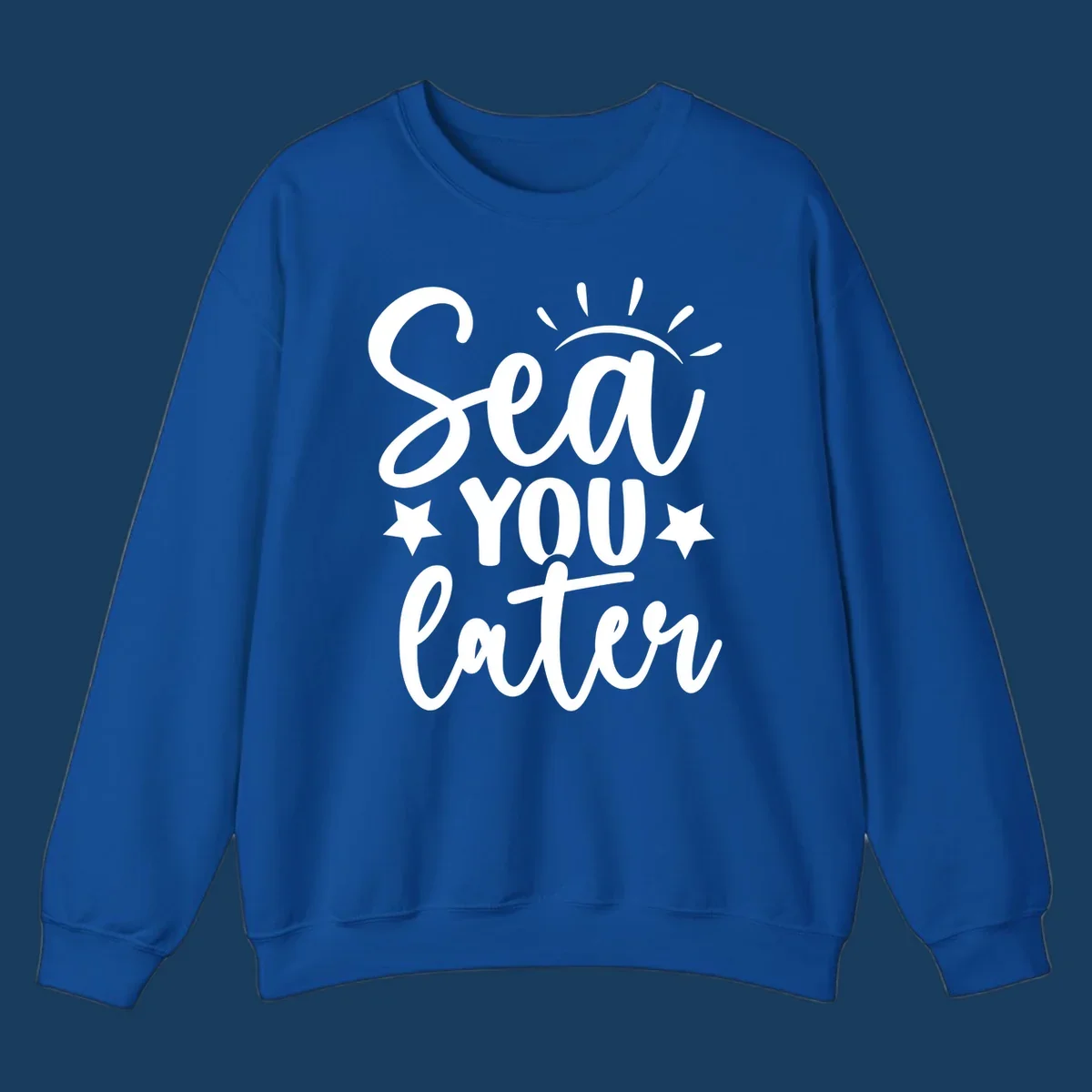 Sea You Later cruise pun design with sun rays and stars.