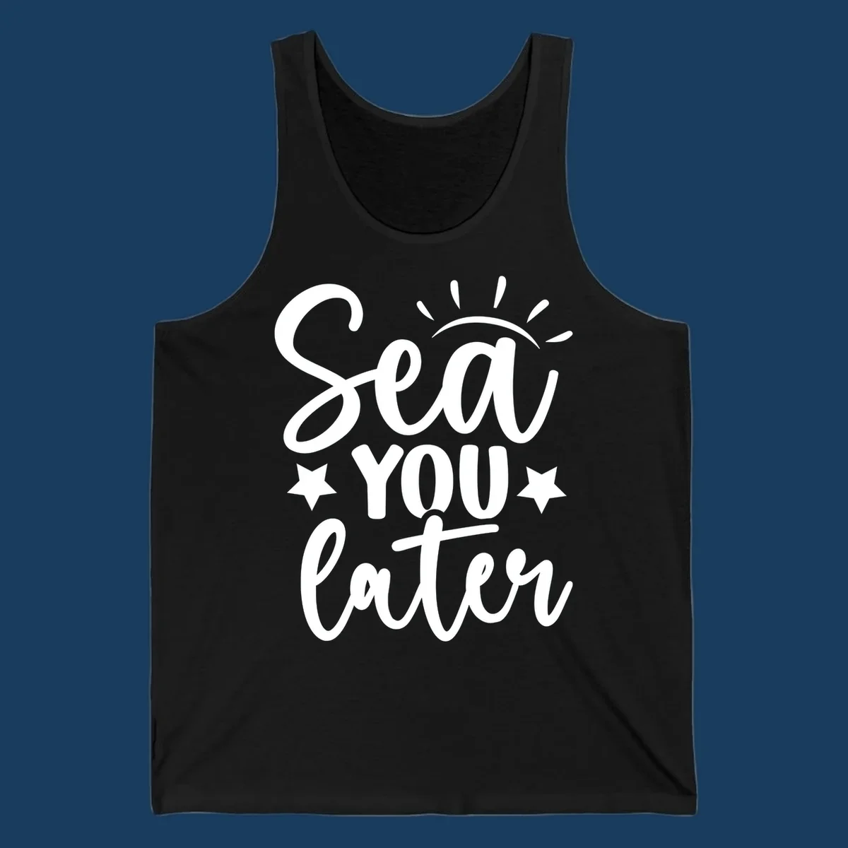 Sea You Later cruise pun design with sun rays and stars.