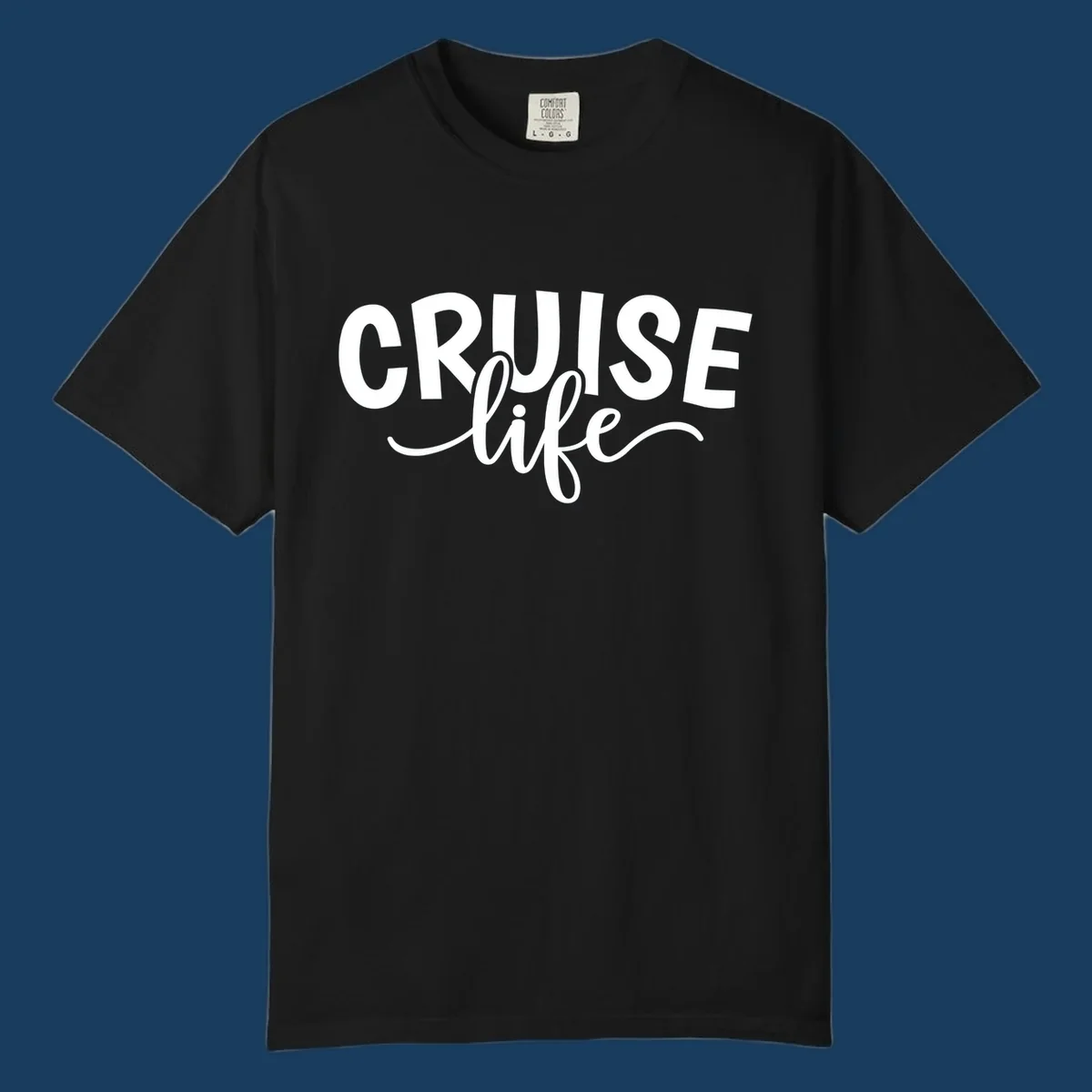 Cruise life text in bold and script fonts. Available in white on black and black on white.