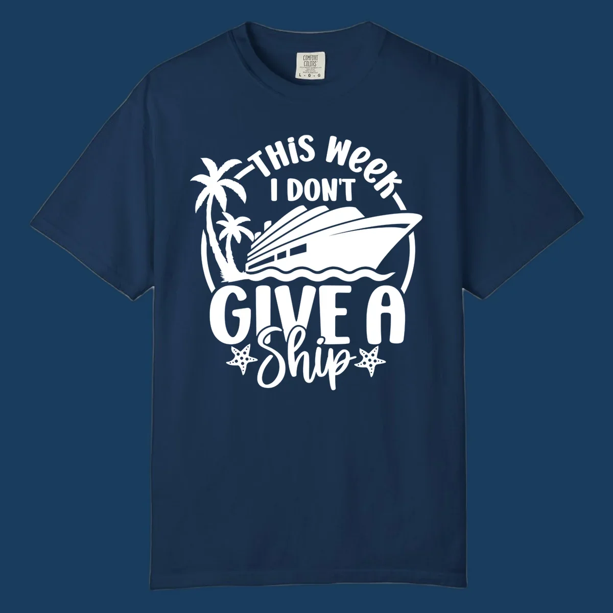 Give a ship cruise vacation design with ship, palm trees, and starfish.