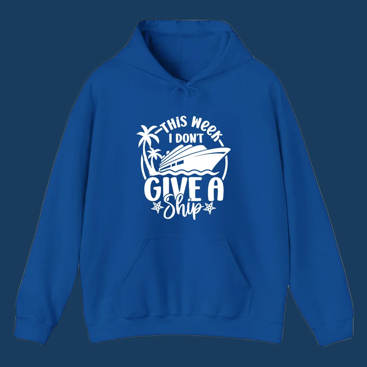 Give a ship cruise vacation design with ship, palm trees, and starfish.