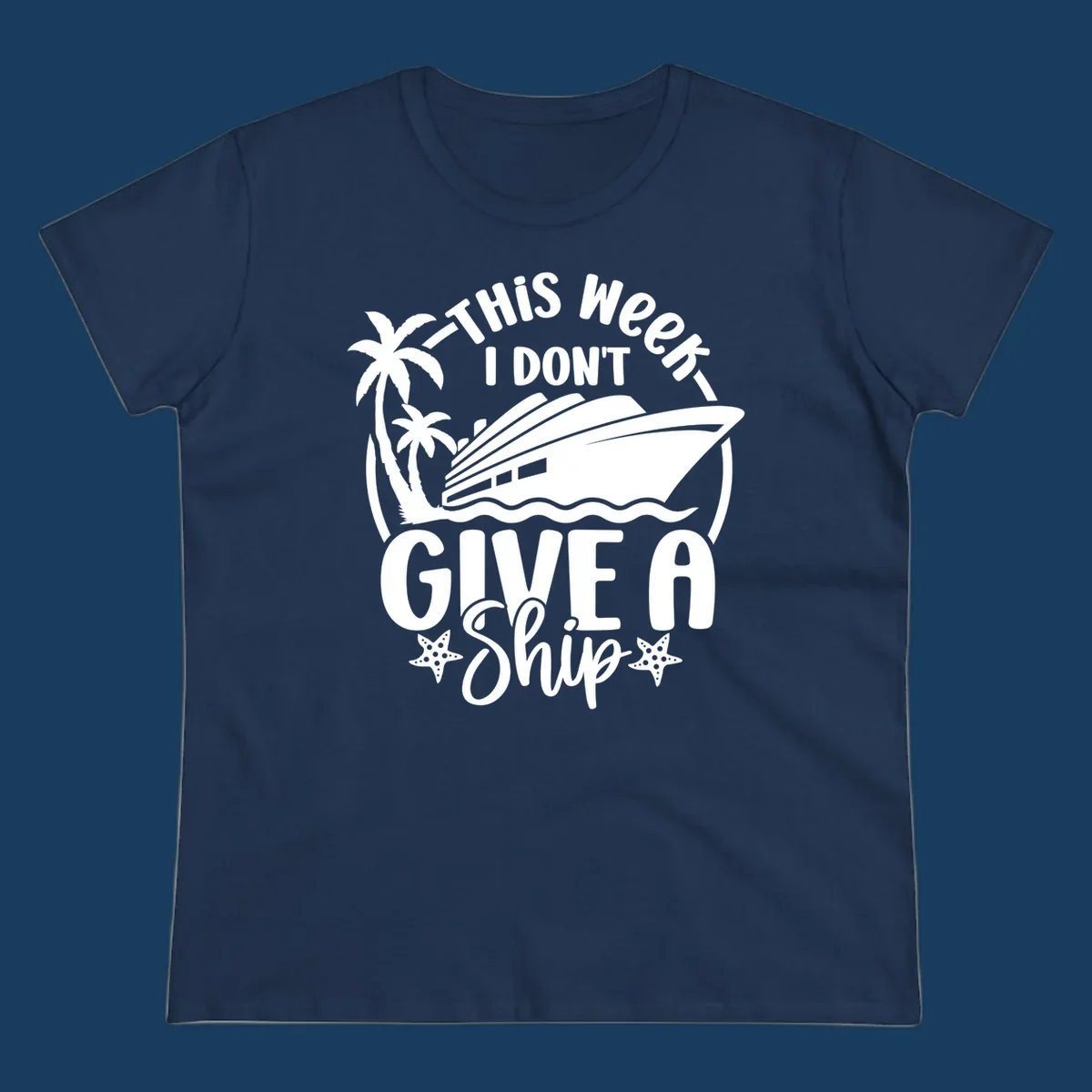 Give a ship cruise vacation design with ship, palm trees, and starfish.