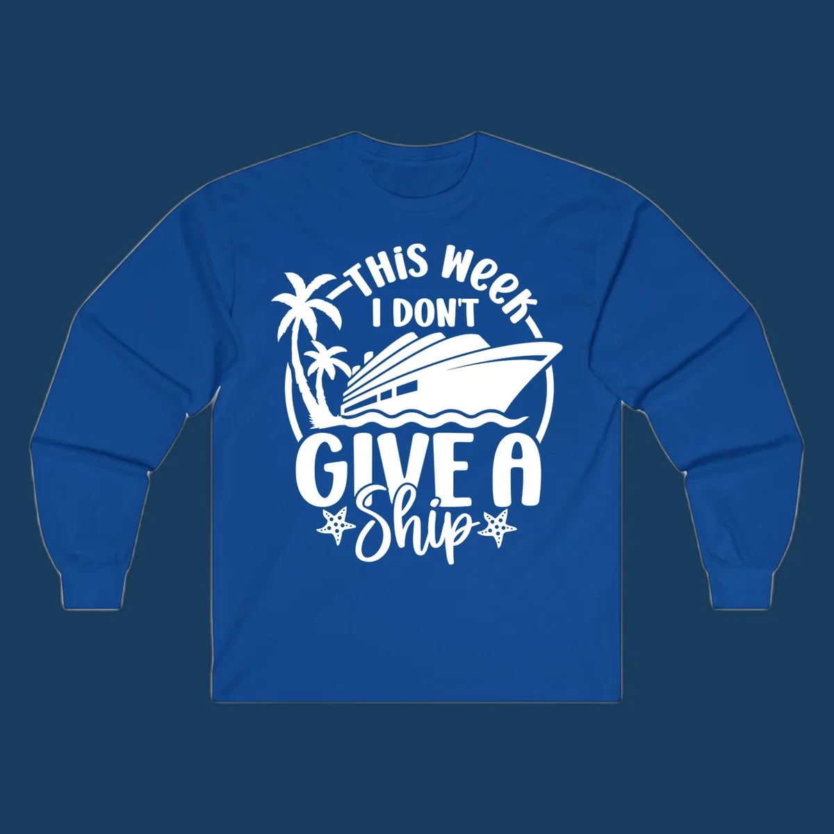Give a ship cruise vacation design with ship, palm trees, and starfish.