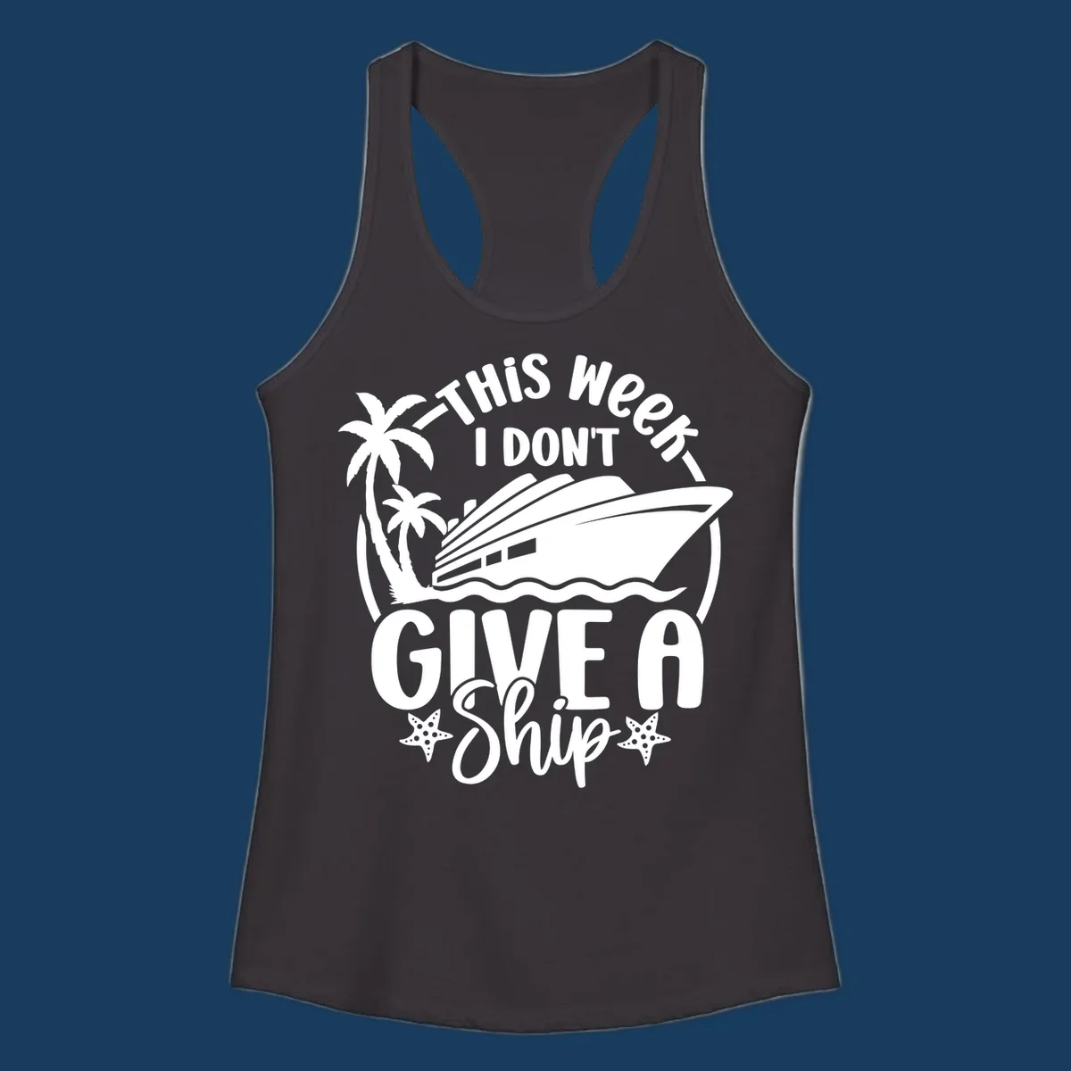 Give a ship cruise vacation design with ship, palm trees, and starfish.
