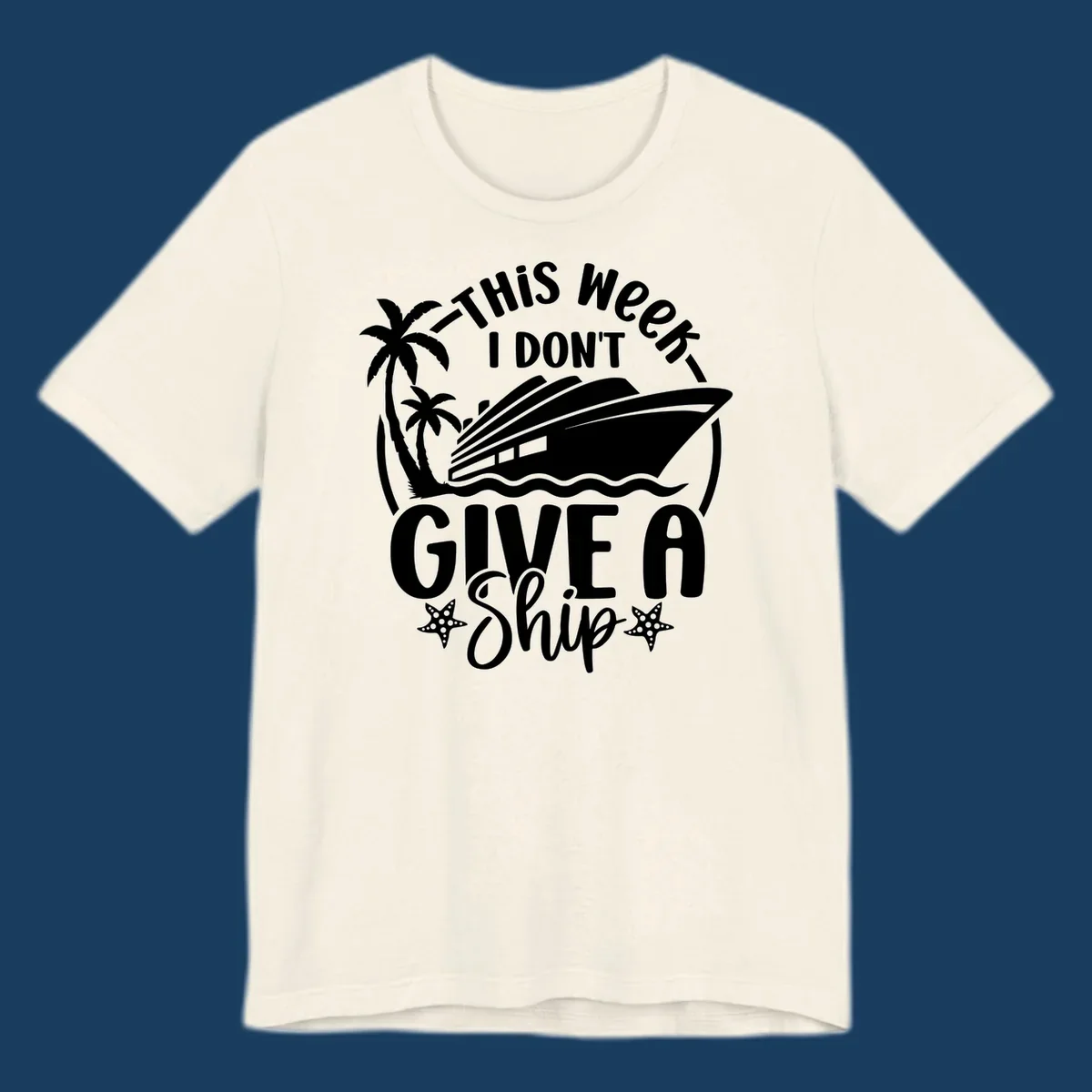 Give a ship cruise vacation design with ship, palm trees, and starfish.