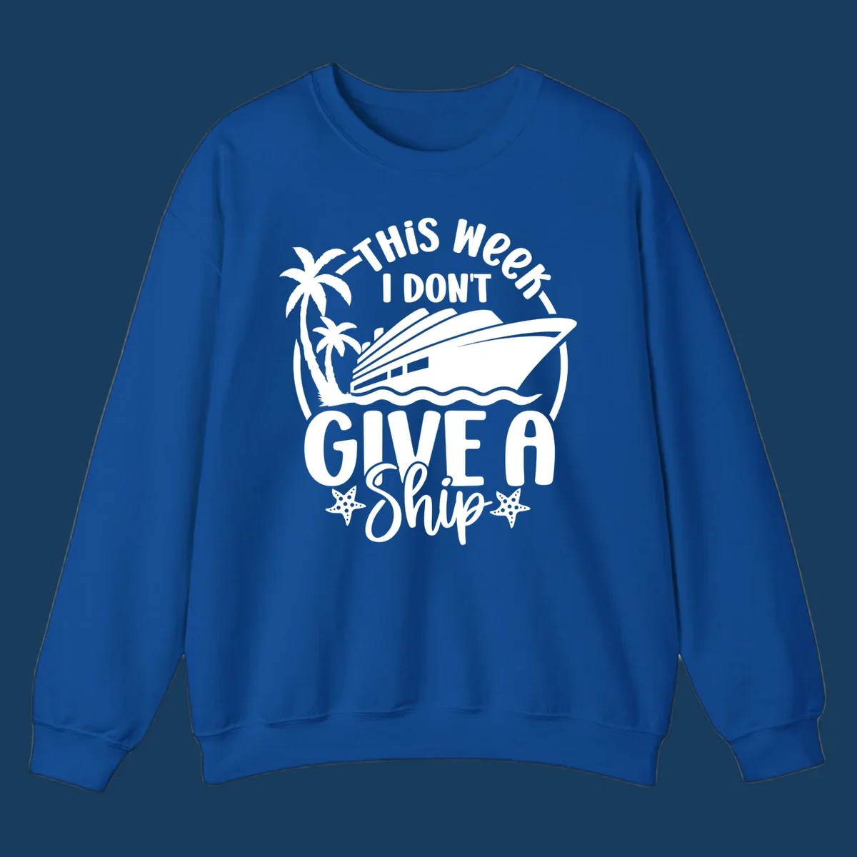 Give a ship cruise vacation design with ship, palm trees, and starfish.