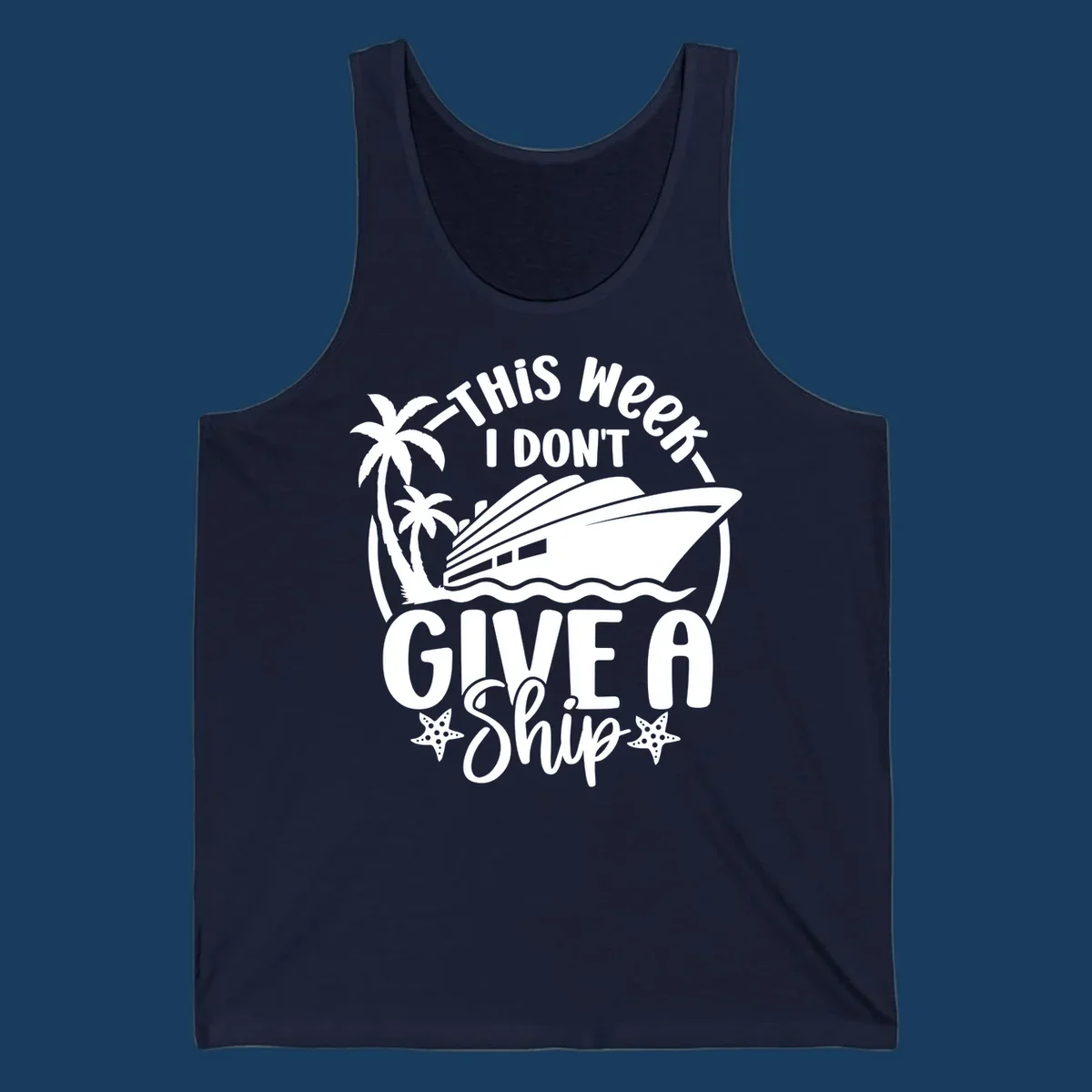 Give a ship cruise vacation design with ship, palm trees, and starfish.