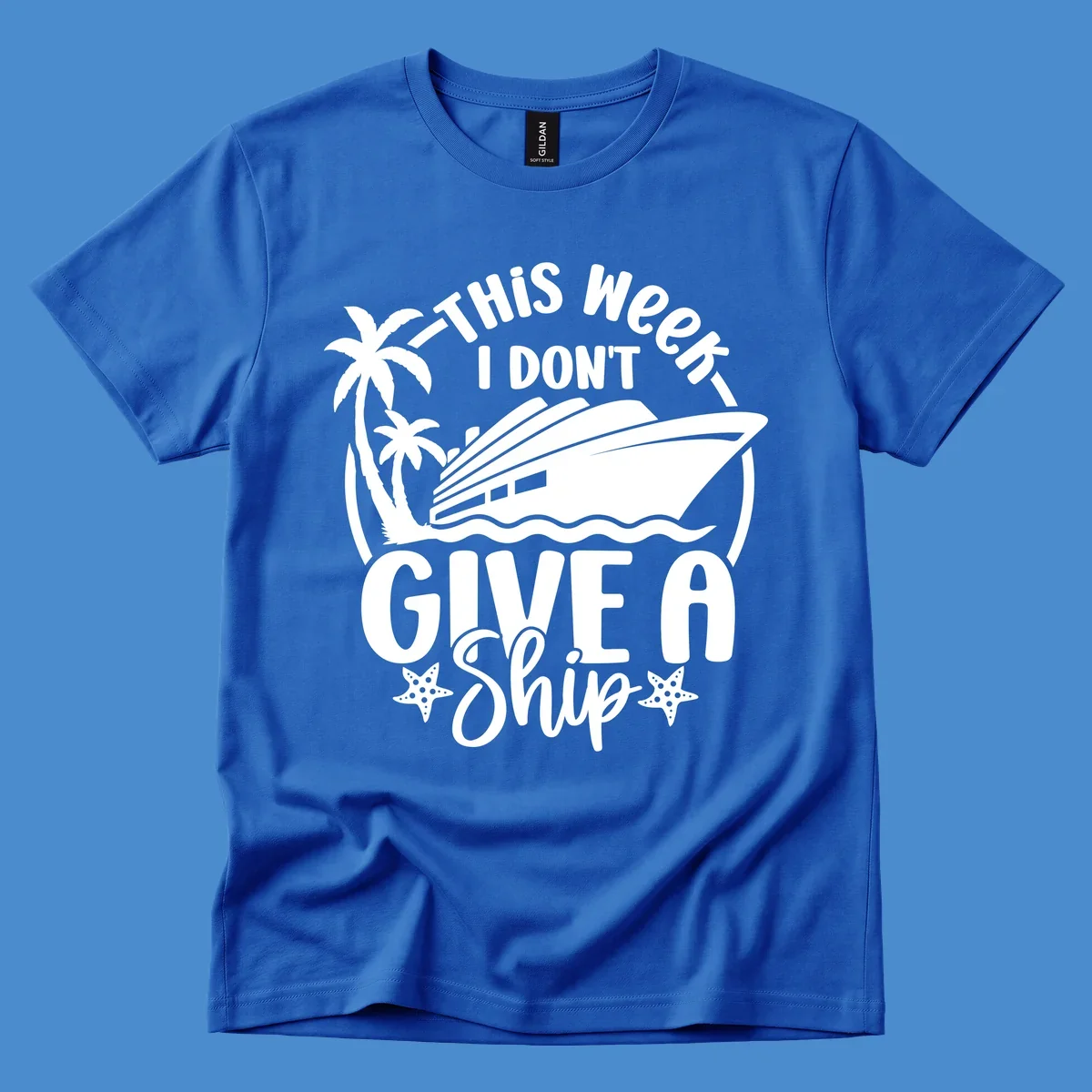 Give a ship cruise vacation design with ship, palm trees, and starfish.